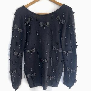 Vintage 80s Outlander‎ Elegant Angora, Lambswool Bow Beaded Statement Sweater